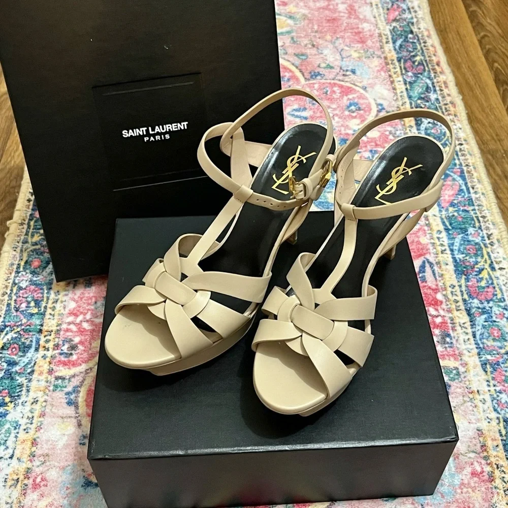 Saint Laurent Tribute Nude Powder 75MM Leather Platform Sandals - Picture 8 of 11